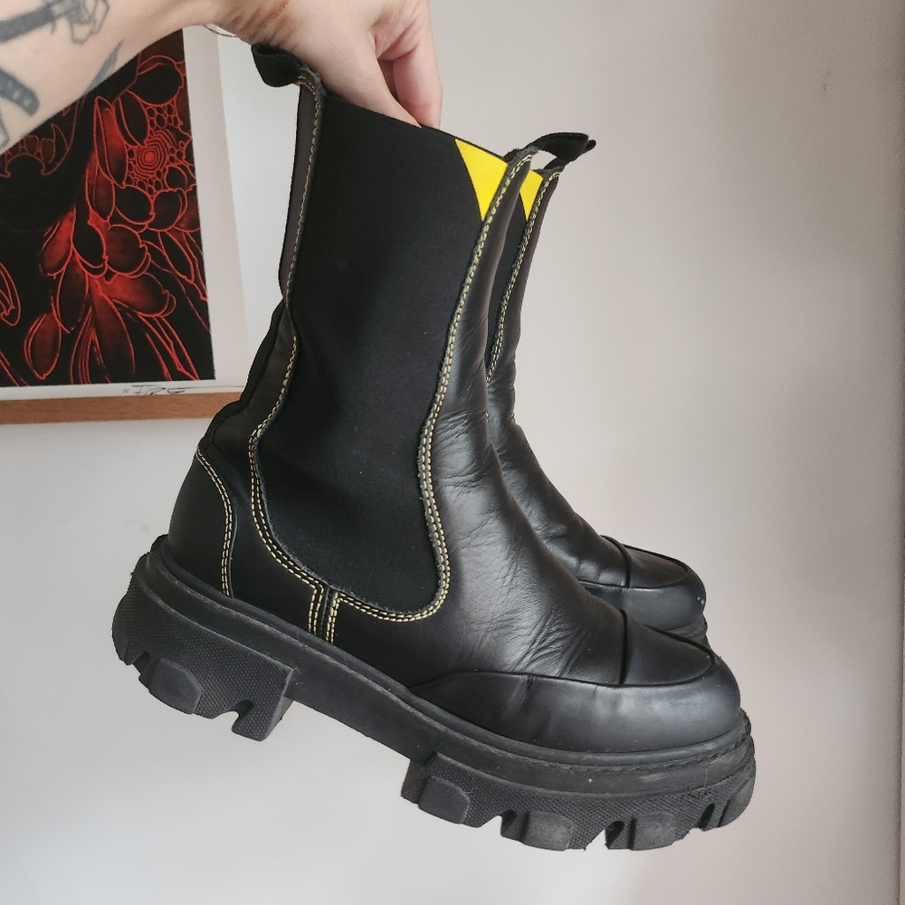 Ganni Black Mid Calf Leather Boots